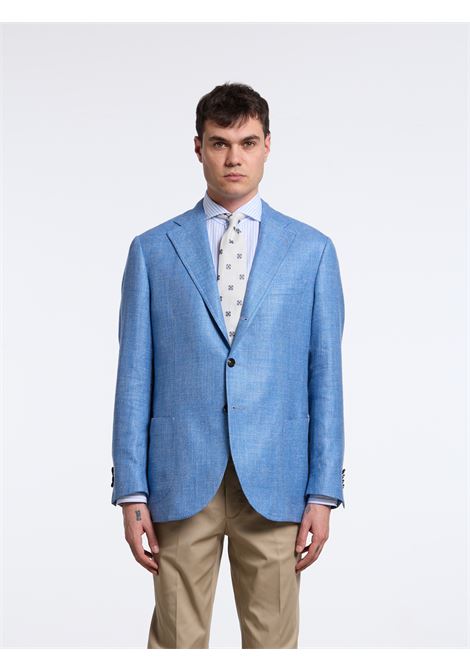 SINGLE-BREASTED CHECKED WOOL BLEND TAILORED JACKET - BLUE - LUIGI